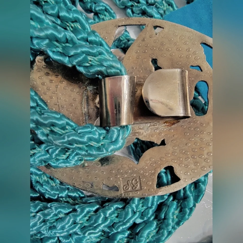 Vintage Sea Gem Floral Cloisonne Buckle Teal Braided Rope Belt